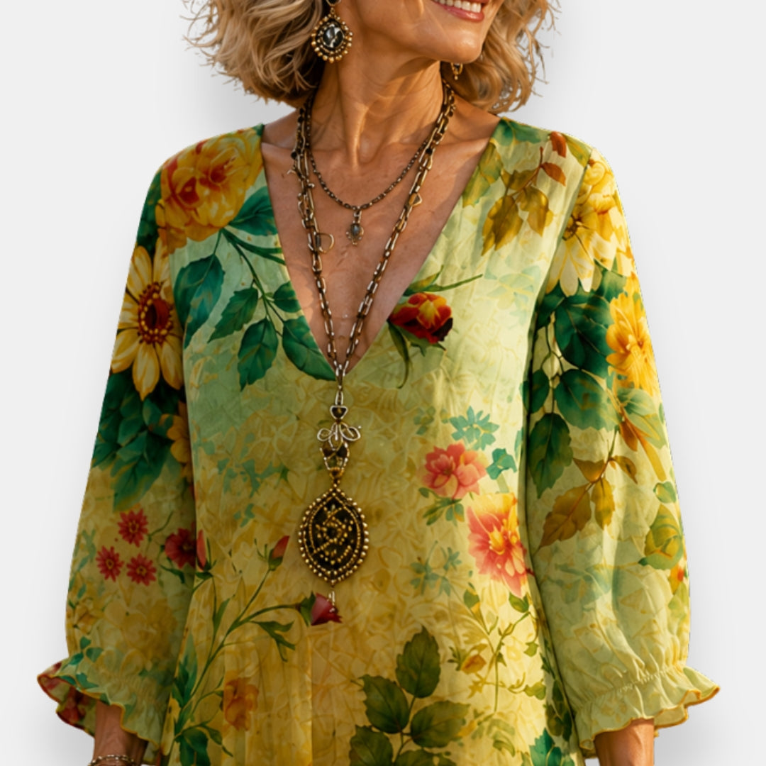 Emila | Floral V-Neck Three-Quarter Sleeve Maxi Dress