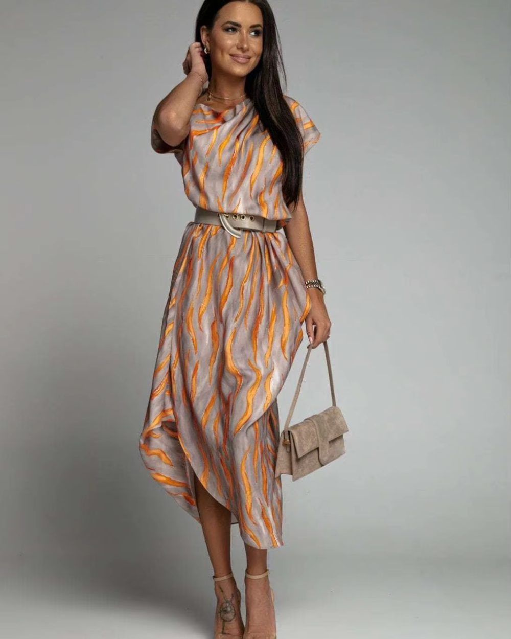 Angie - Asymmetric Printed Midi Dress Belted