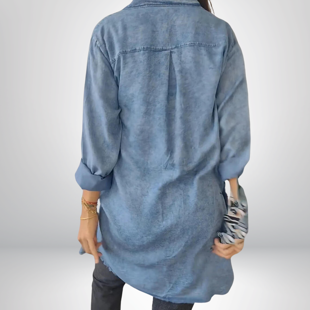 Krystyna | Denim Jacket Longline Collared Button-Front Style