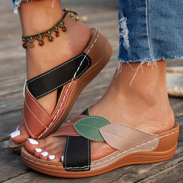 Eloina | Comfort Wedge Slide Sandals Leaf Detail
