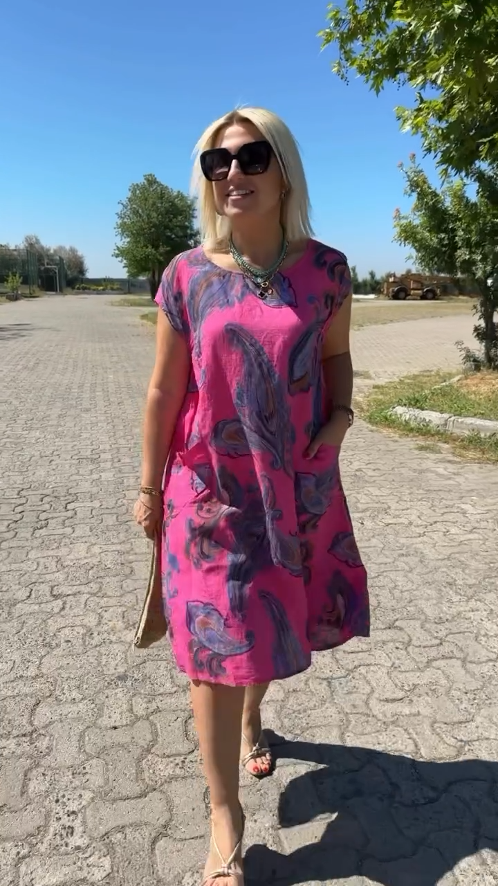 Hazal | Printed Midi Dress Short Sleeve Pockets