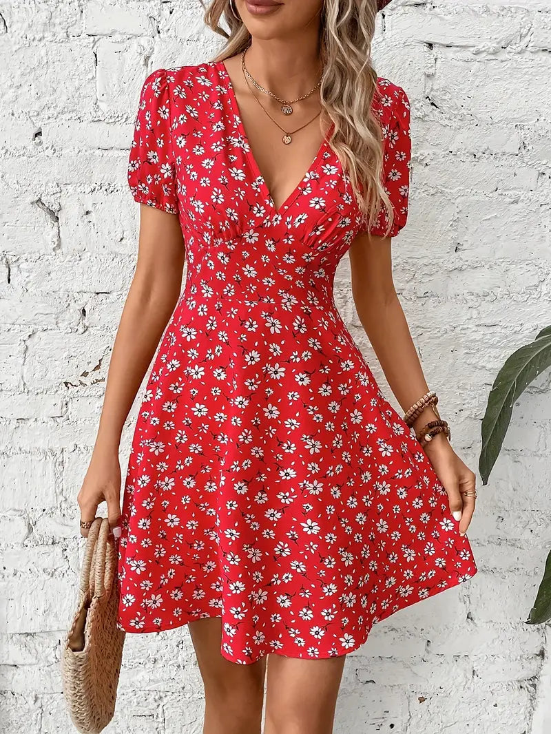 Margret™ - Floral Print V Neck Mini Dress