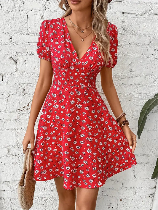 Margret™ - Floral Print V Neck Mini Dress