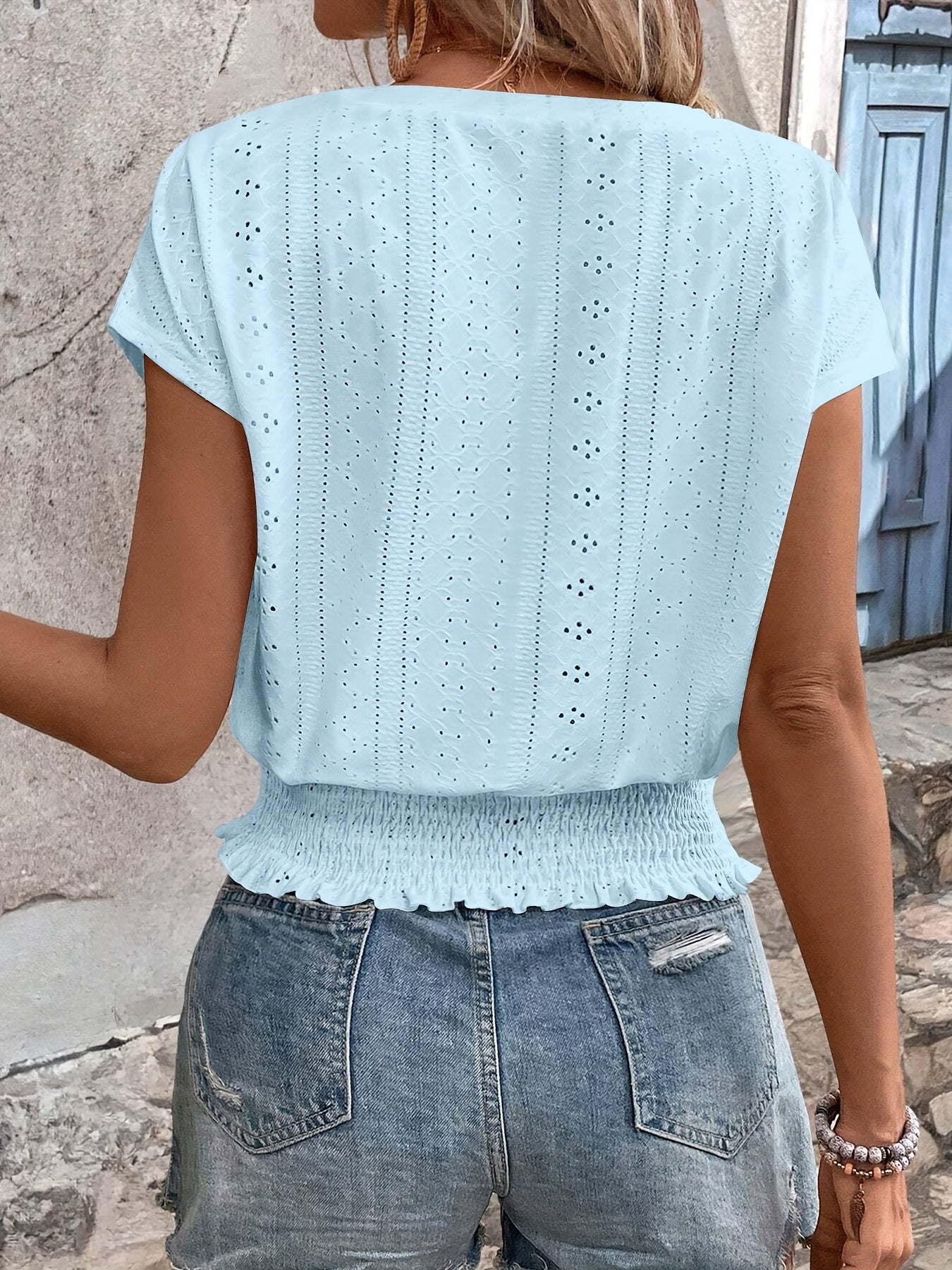 Delores - V Neck Batwing Eyelet Hem Top