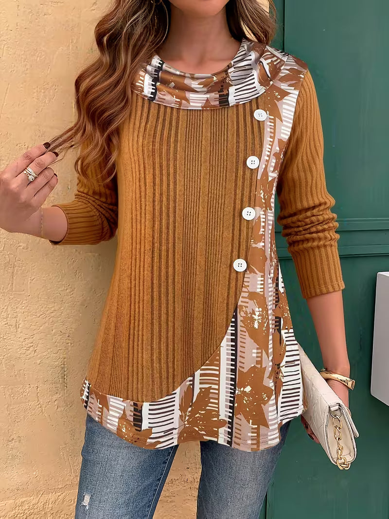 Florilitha | Ribbed Long Sleeve Printed Button Detail Top