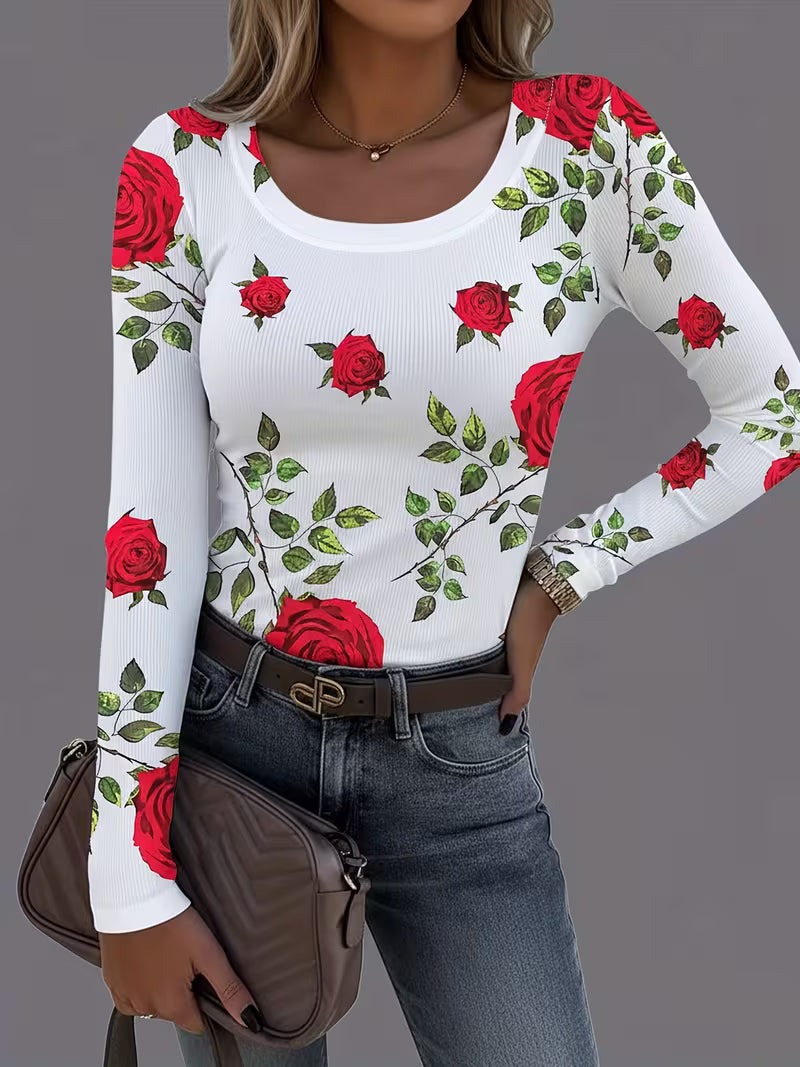 Rabiye | Long Sleeve Floral Print Ribbed Top