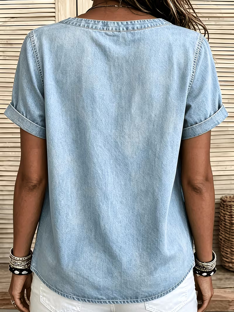 Ferina | Distressed Denim Look Short Sleeve Top