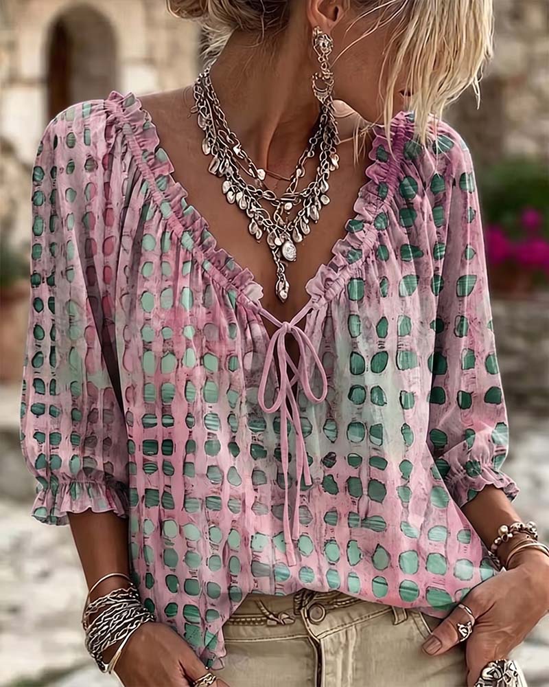 Kesney | Printed Tie Neck Peasant Blouse