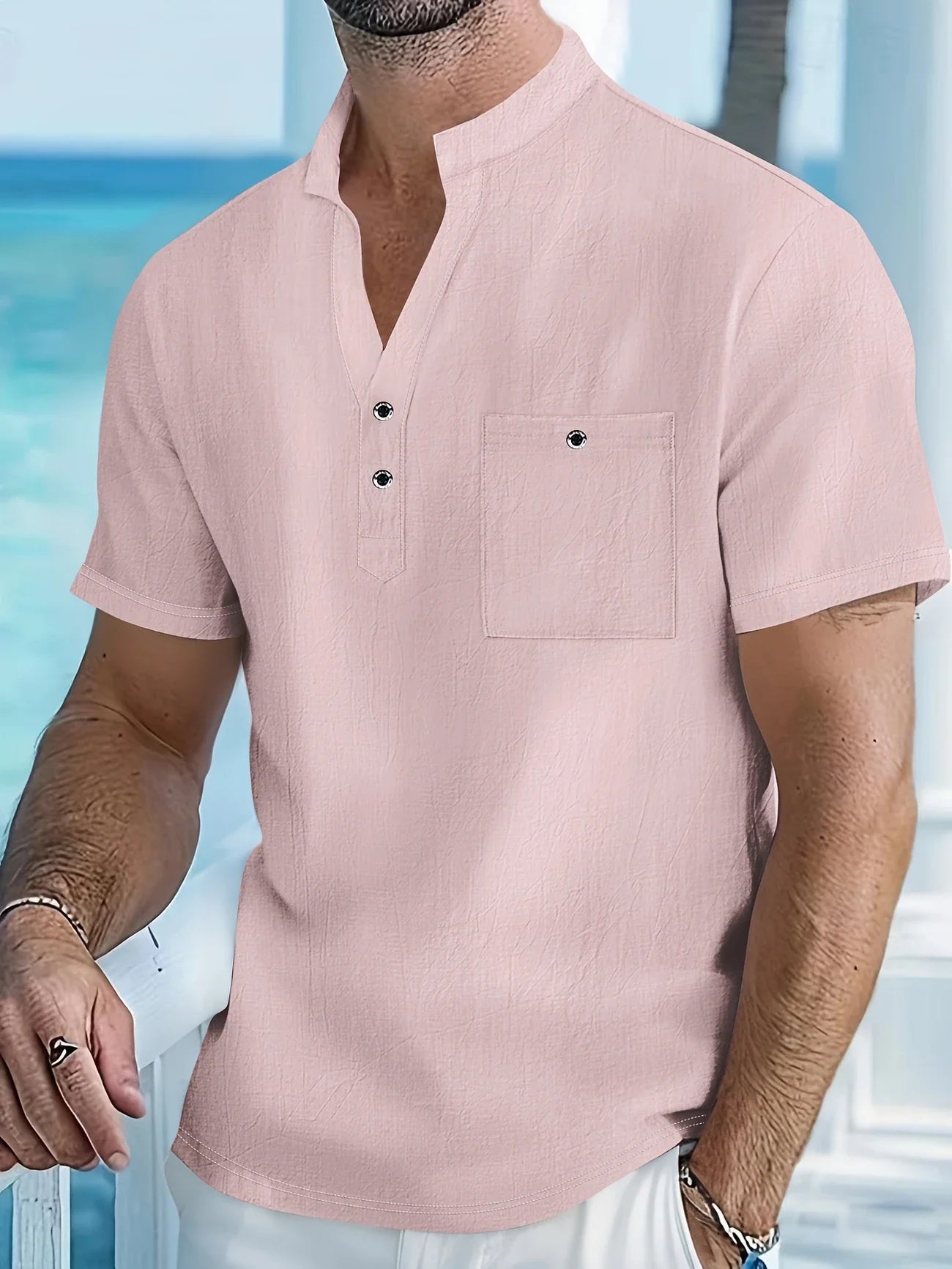 Markos | Short Sleeve Band Collar Henley Shirt
