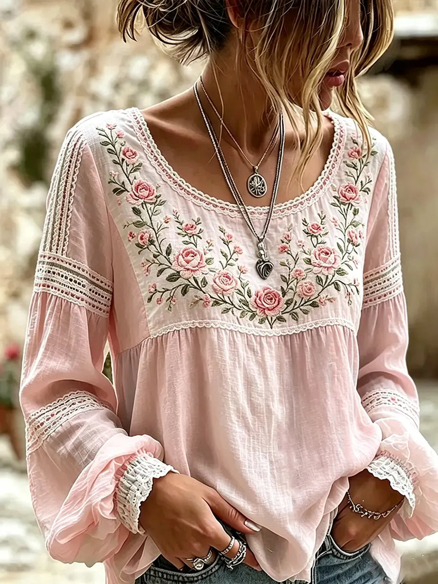 Esraa | Floral Embroidered Long Sleeve Blouse