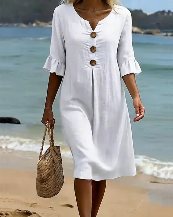 Mlaina - Button Front Ruffle Sleeve Midi Dress