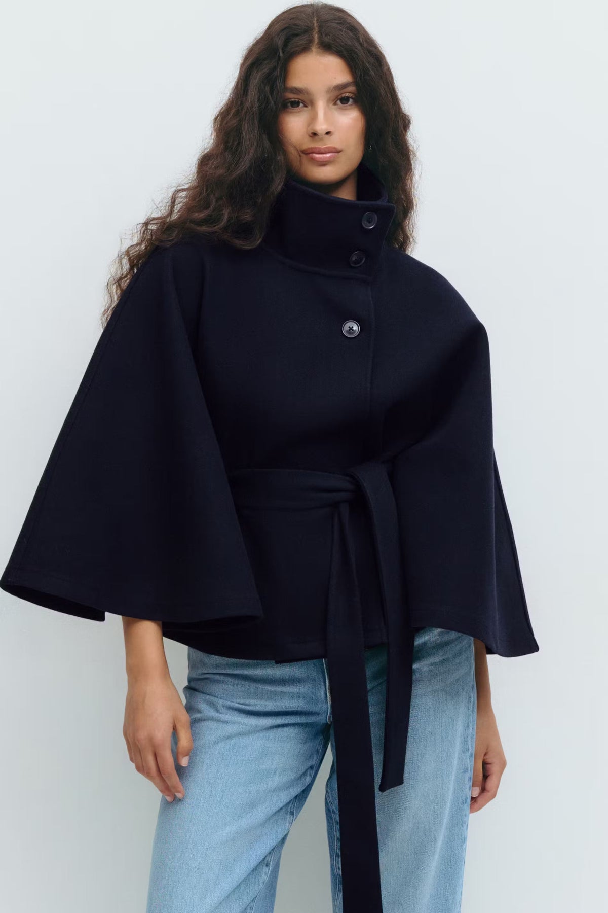Carole | Cape Stand Collar Belted Button Front