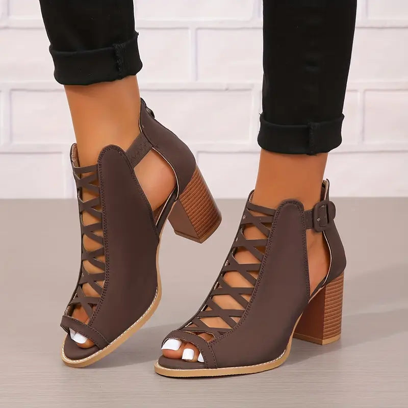 Ruzilya | Peep Toe Lace-Up Chunky Heel Sandals