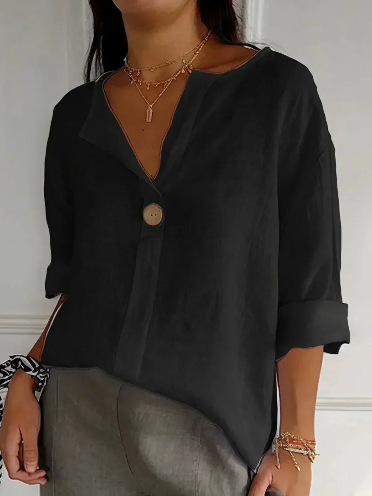 Yvonna | Loose V-Neck Button Blouse