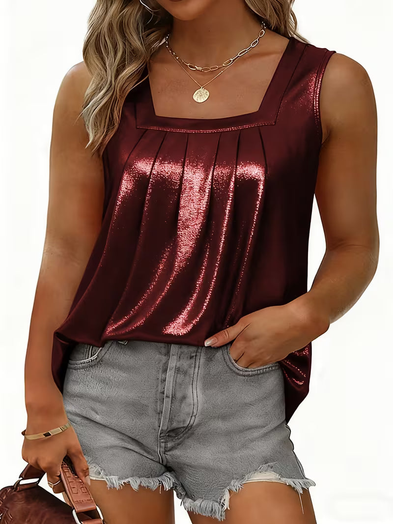 Shivina | Metallic Scoop Neck Pleated Tank Top