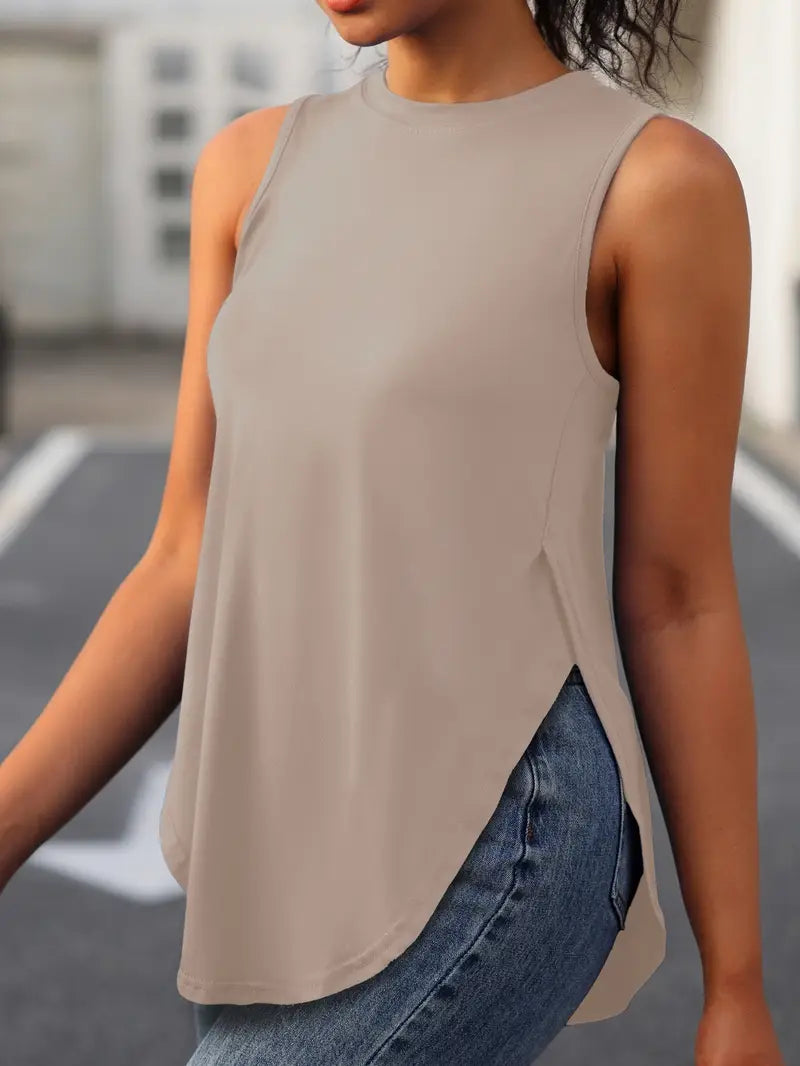 Desirae | Solid Sleeveless Crew Neck Tunic Top