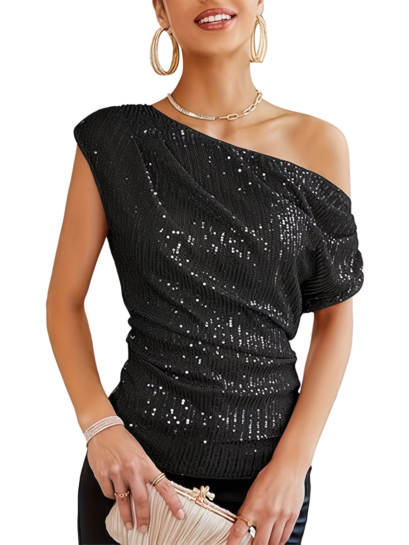 Jhasel | Sequin One Shoulder Short Sleeve Blouse