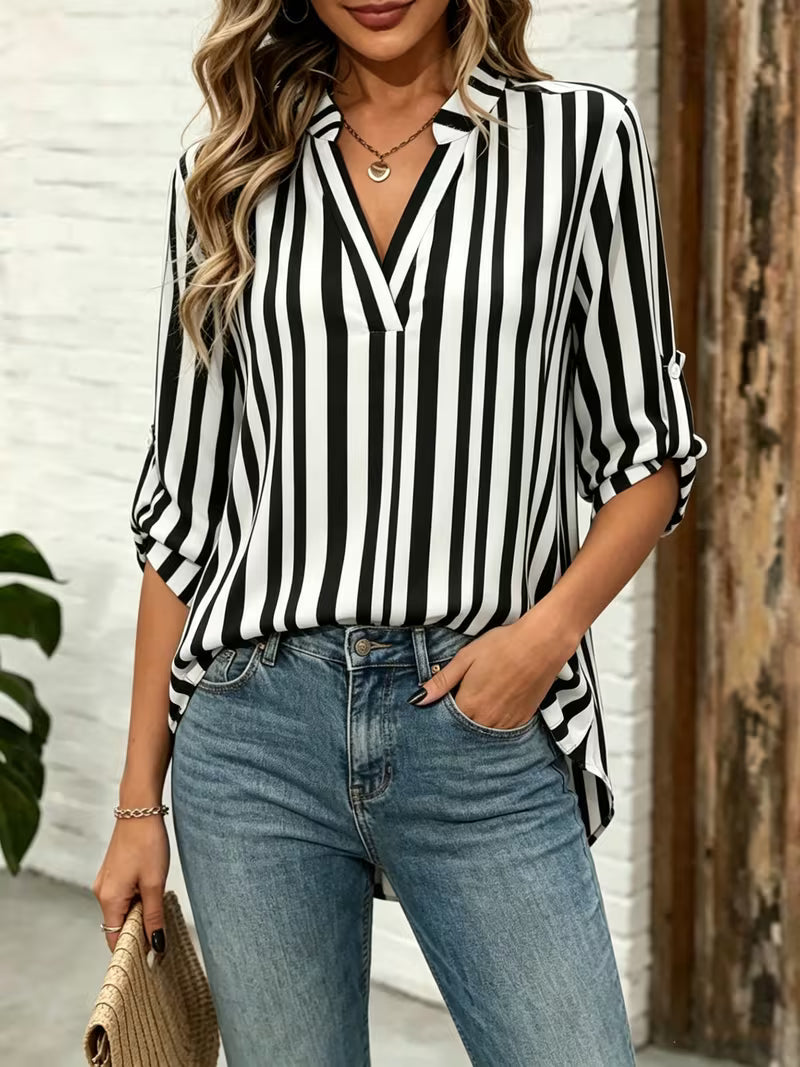 Elysis | V-neck Striped Loose Top with Adjustable Sleeves