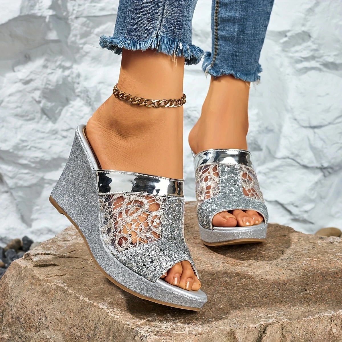 Alexis | Wedge Sandals With Lace Glitter Strap