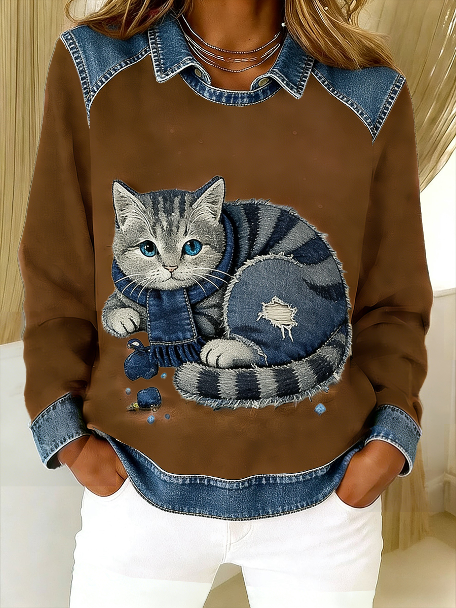 Eponin - Cat Print Denim Trim Sweatshirt