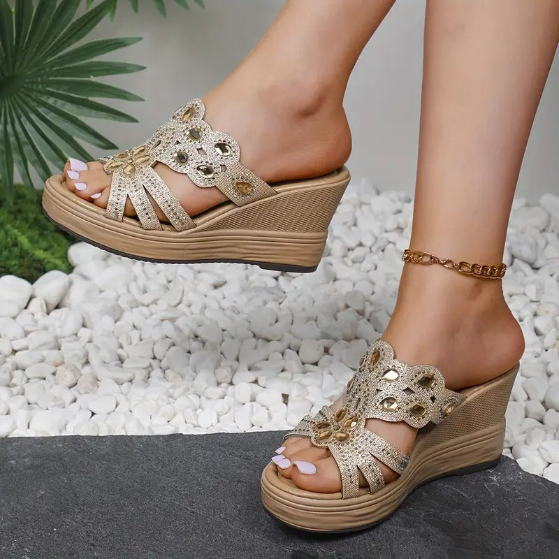 Lakeisha | Heeled Sandals Rhinestone Floral Slip-On
