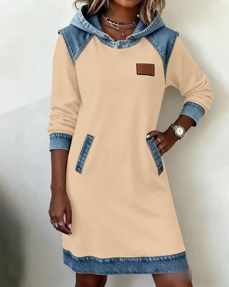 Viktoria - Hooded Denim Trim Sweatshirt Dress