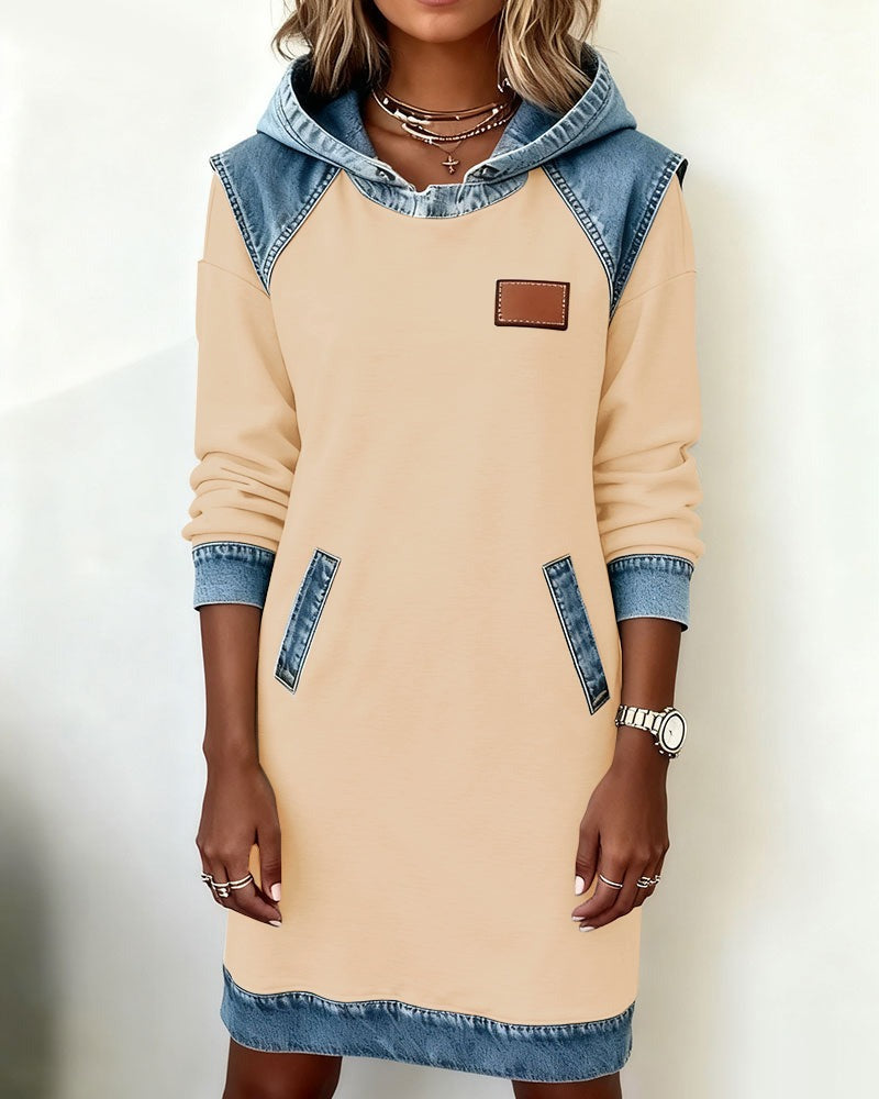 Viktoria - Hooded Denim Trim Sweatshirt Dress