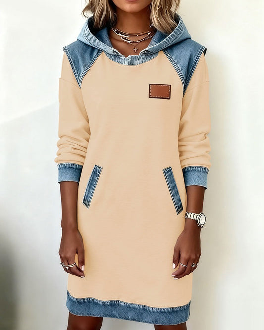 Viktoria - Hooded Denim Trim Sweatshirt Dress