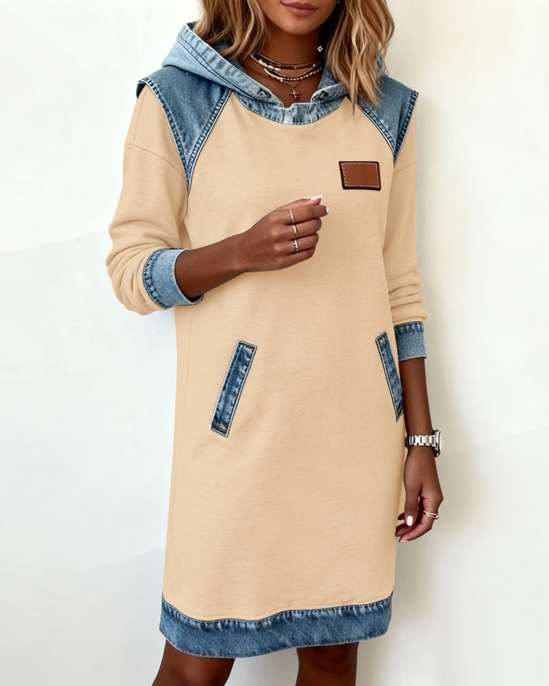 Viktoria - Hooded Denim Trim Sweatshirt Dress