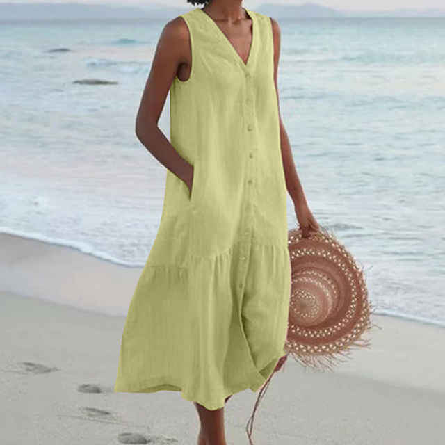 Maira | Sleeveless V Neck Button Midi Dress
