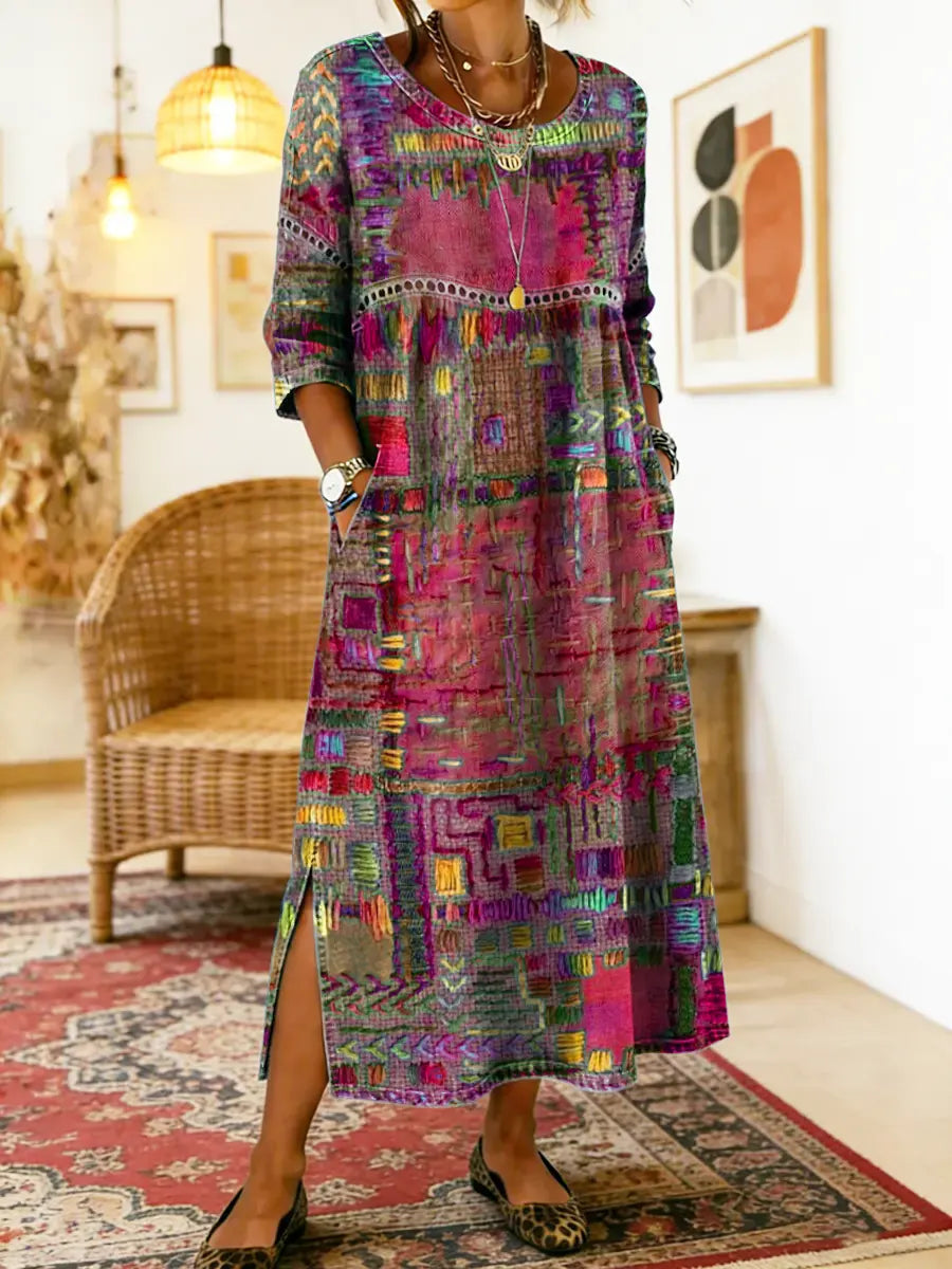 Nihada | Midi Dress Round Neck Abstract Print