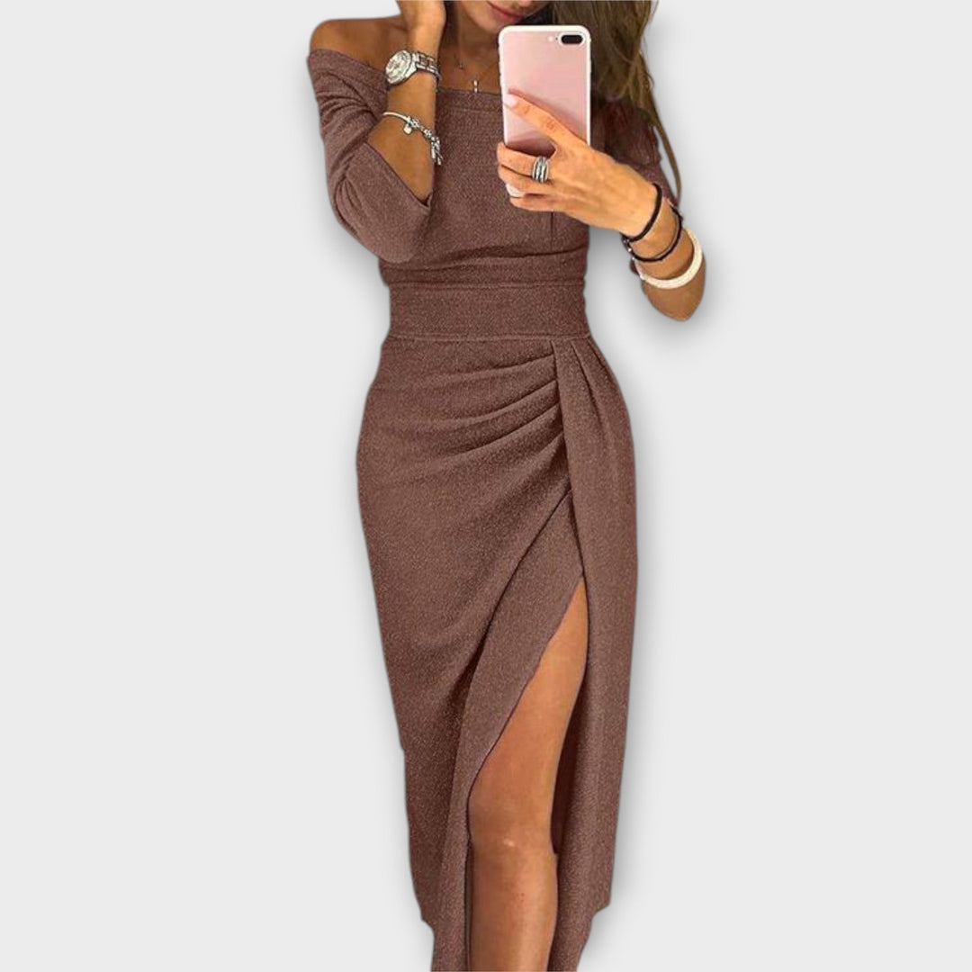 Minjee -  Off Shoulder Ruched Split Midi Dress