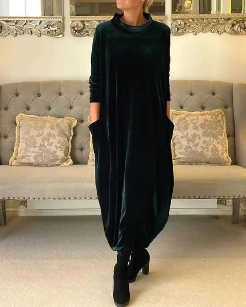 Layeena | Velvet Long Sleeve Pocket Midi Dress