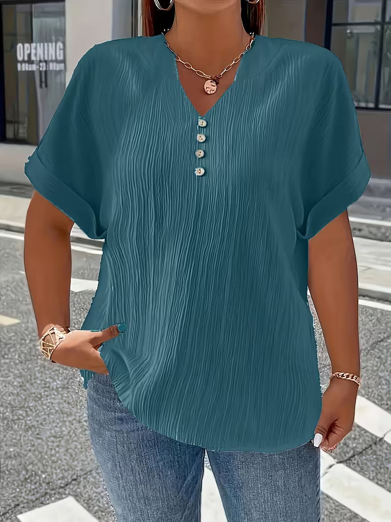 Mrella | T-Shirt with V-Neck Button Front Texture