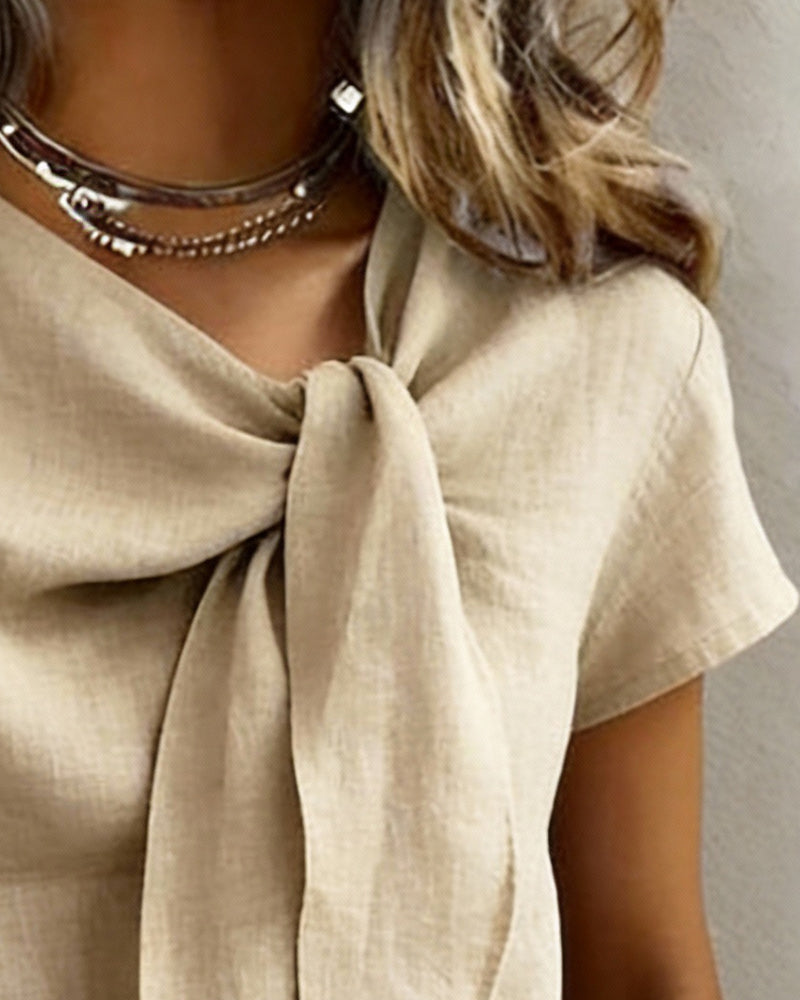 Nylisa - Tie Neck Short Sleeve Blouse Beige