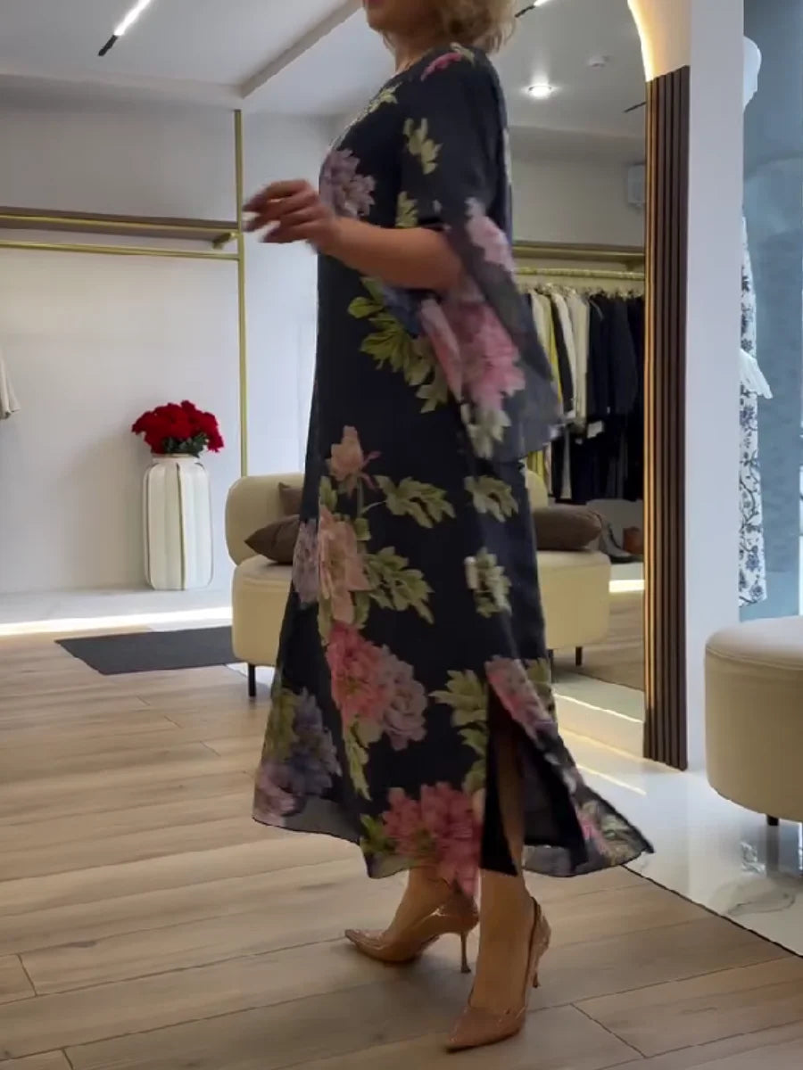 Yael | Floral Print Navy Maxi Dress Loose Fit