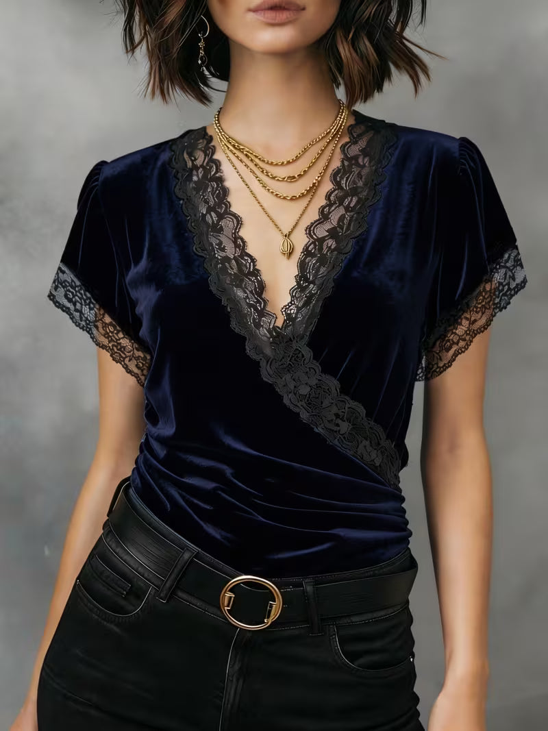 Jalisa | Velvet-Look Lace Trim Wrap Top
