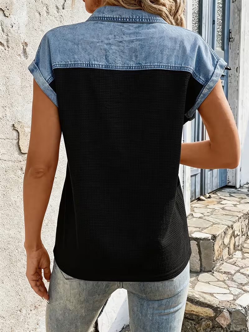 Haily | Denim Patchwork Collared Short Sleeve Top