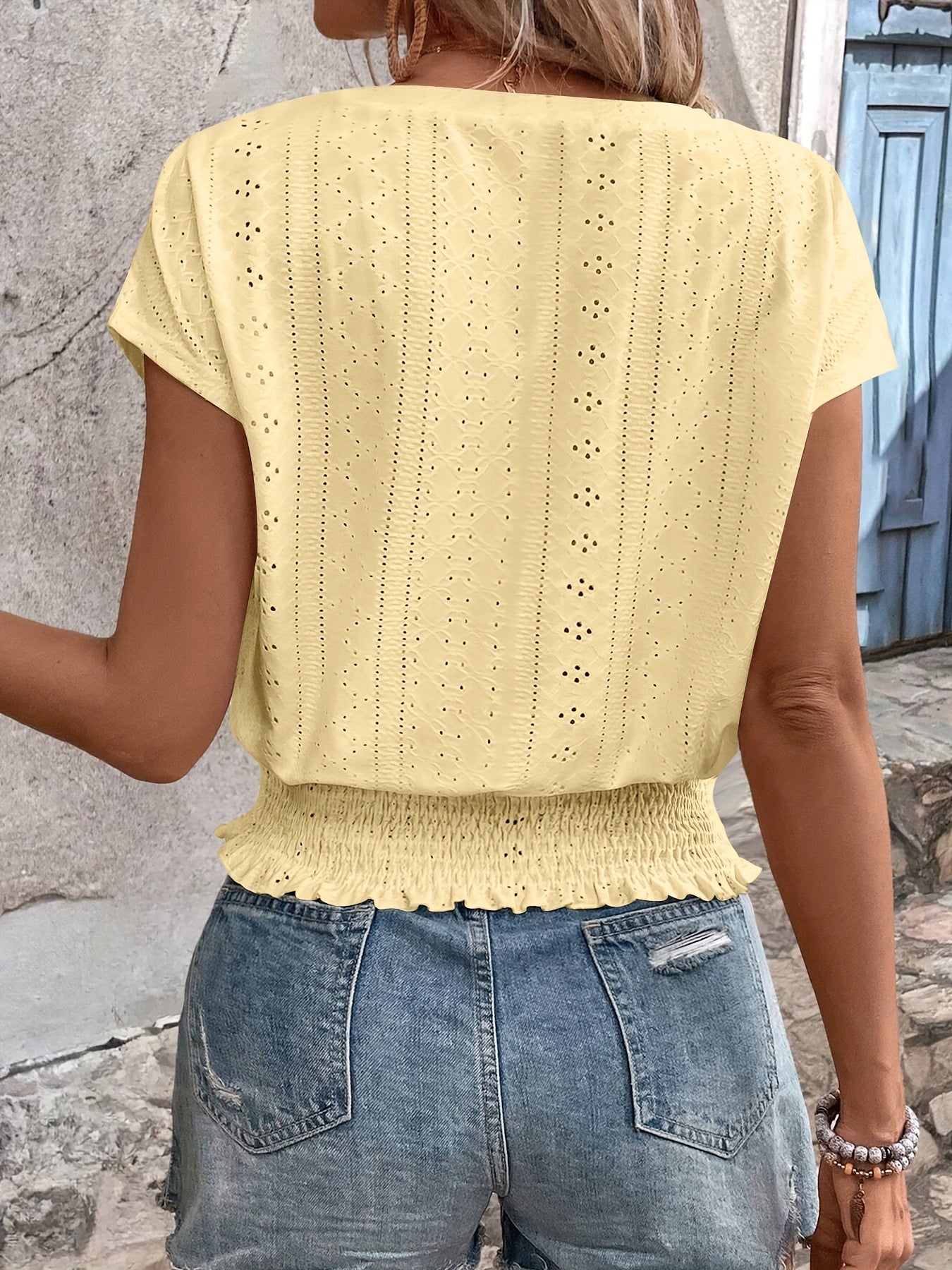 Delores - V Neck Batwing Eyelet Hem Top
