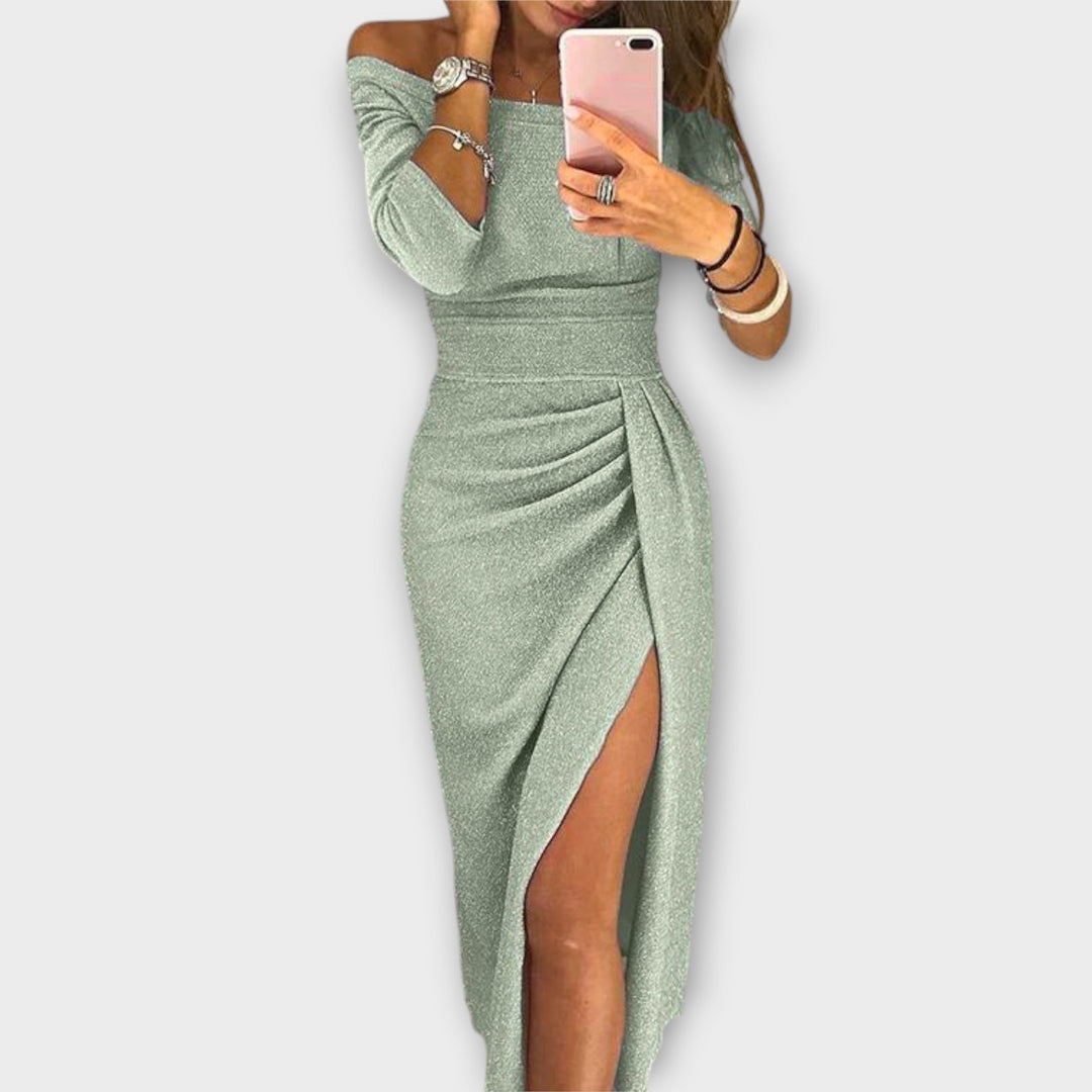 Minjee -  Off Shoulder Ruched Split Midi Dress