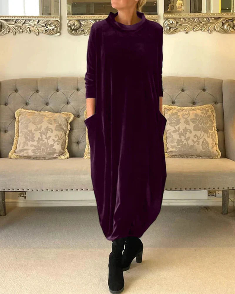 Layeena | Velvet Long Sleeve Pocket Midi Dress