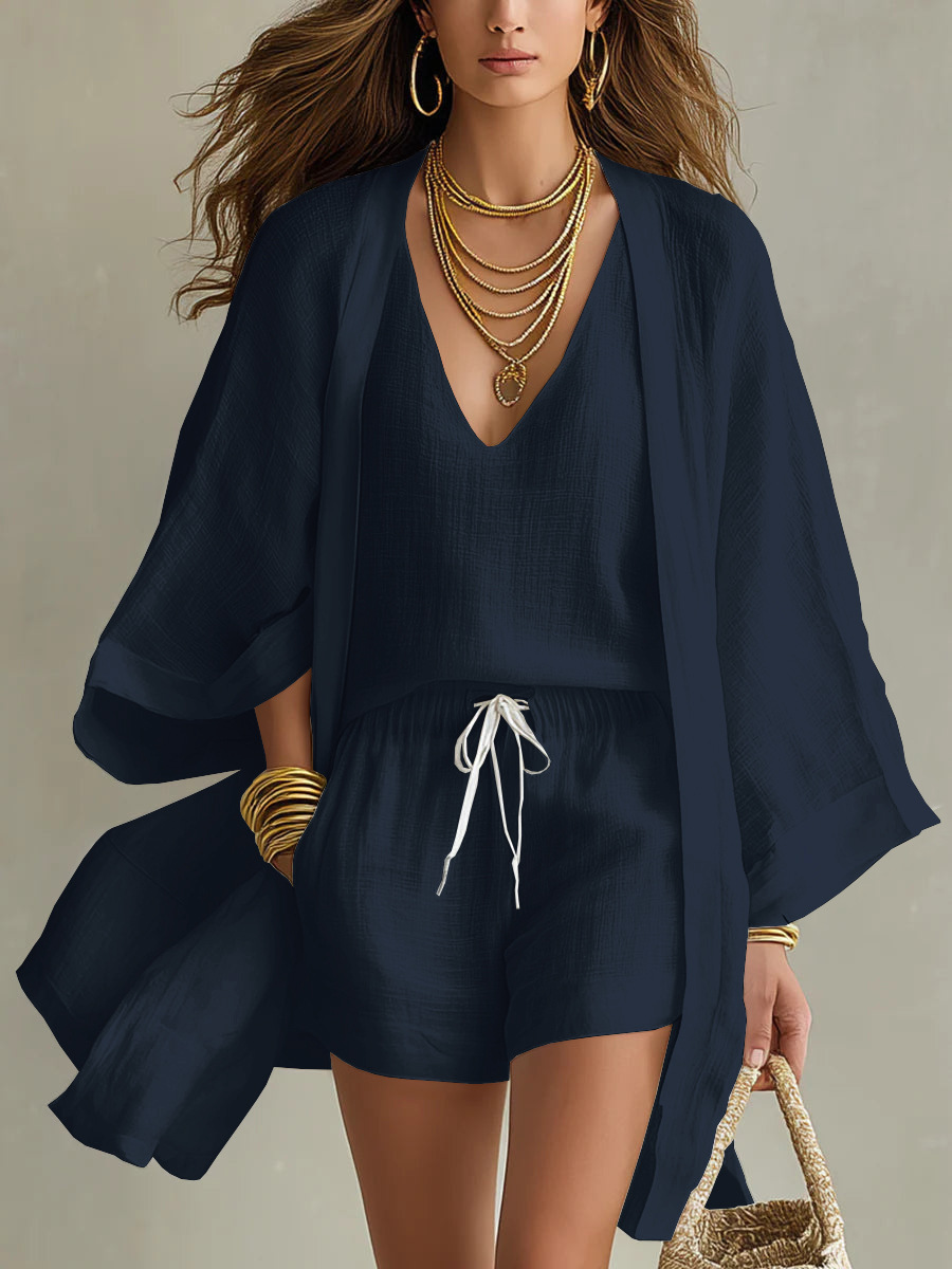 Dadorie | Three Piece Linen Style Shorts Set