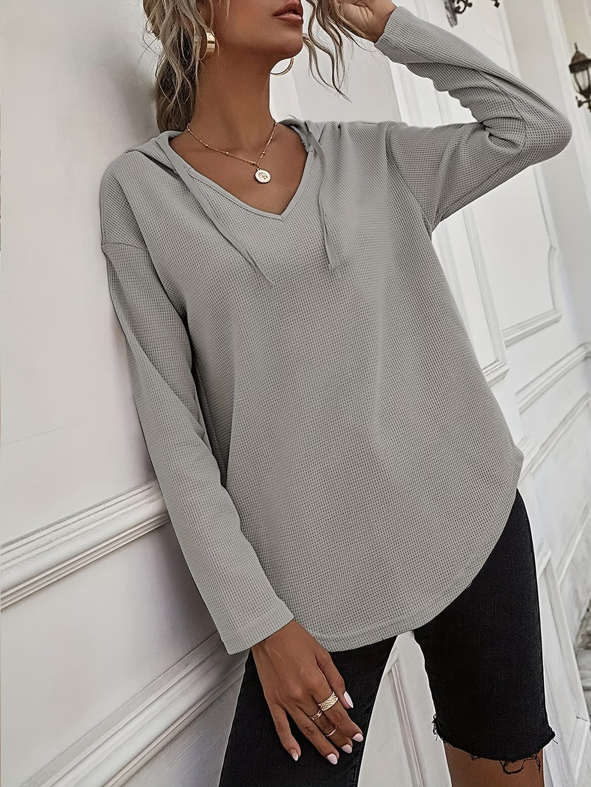 Laurette | Long Sleeve V-Neck Hoodie with Hood