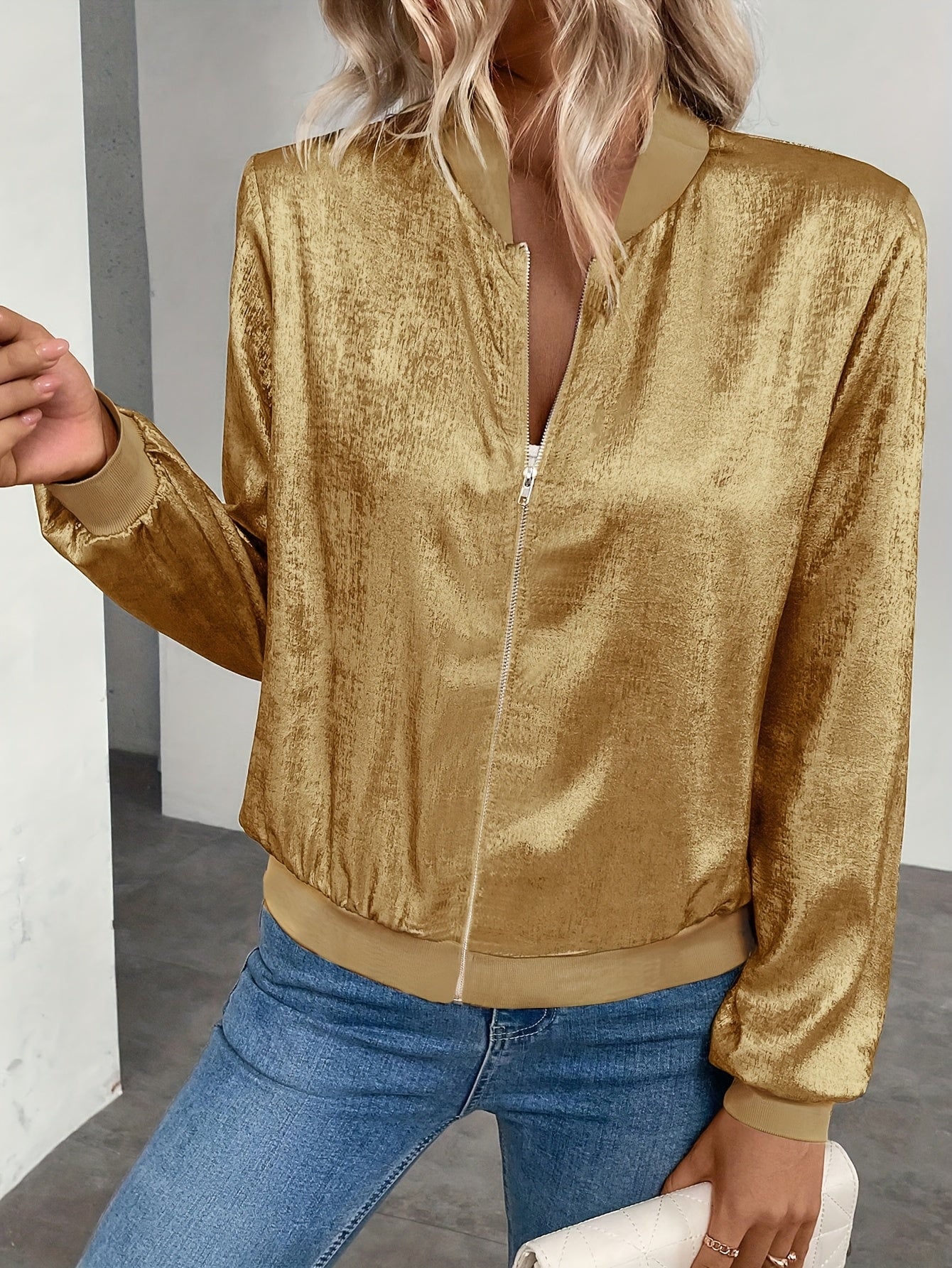 Marla | Metallic Long Sleeve Zip Bomber Jacket