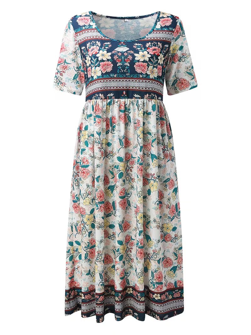 Lisan | Floral Print V-Neck Short Sleeve Midi Dress