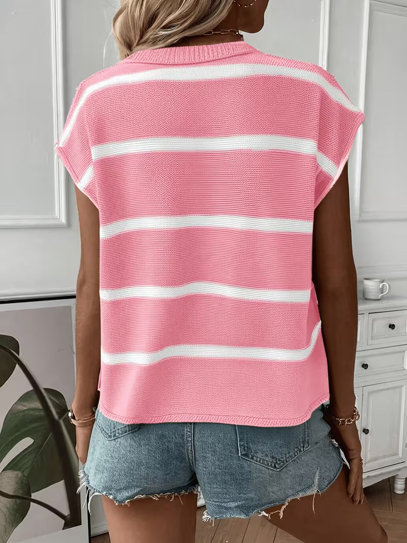 Enila | Striped Knit Sweater with Short Sleeves