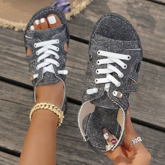 Samyn - Open Toe Lace Up Flat Sandals