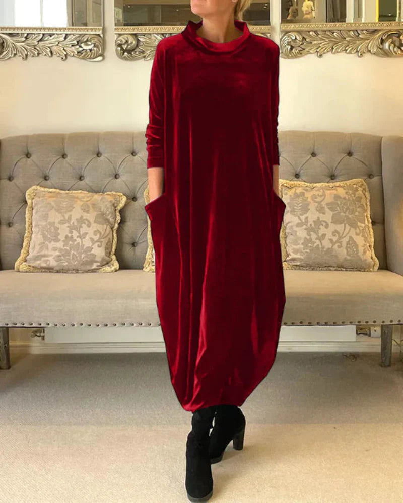 Layeena | Velvet Long Sleeve Pocket Midi Dress