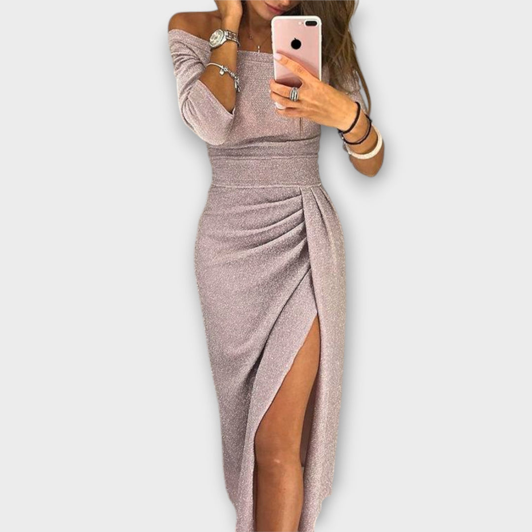 Minjee -  Off Shoulder Ruched Split Midi Dress