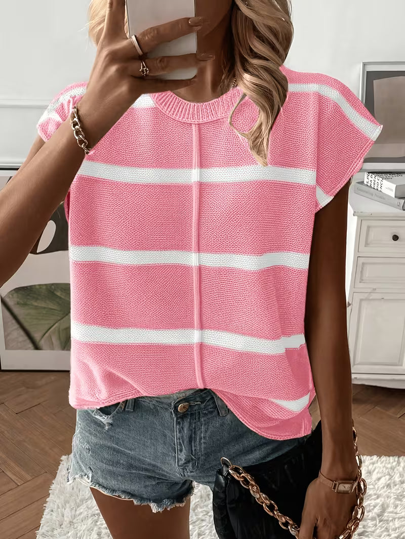 Enila | Striped Knit Sweater with Short Sleeves